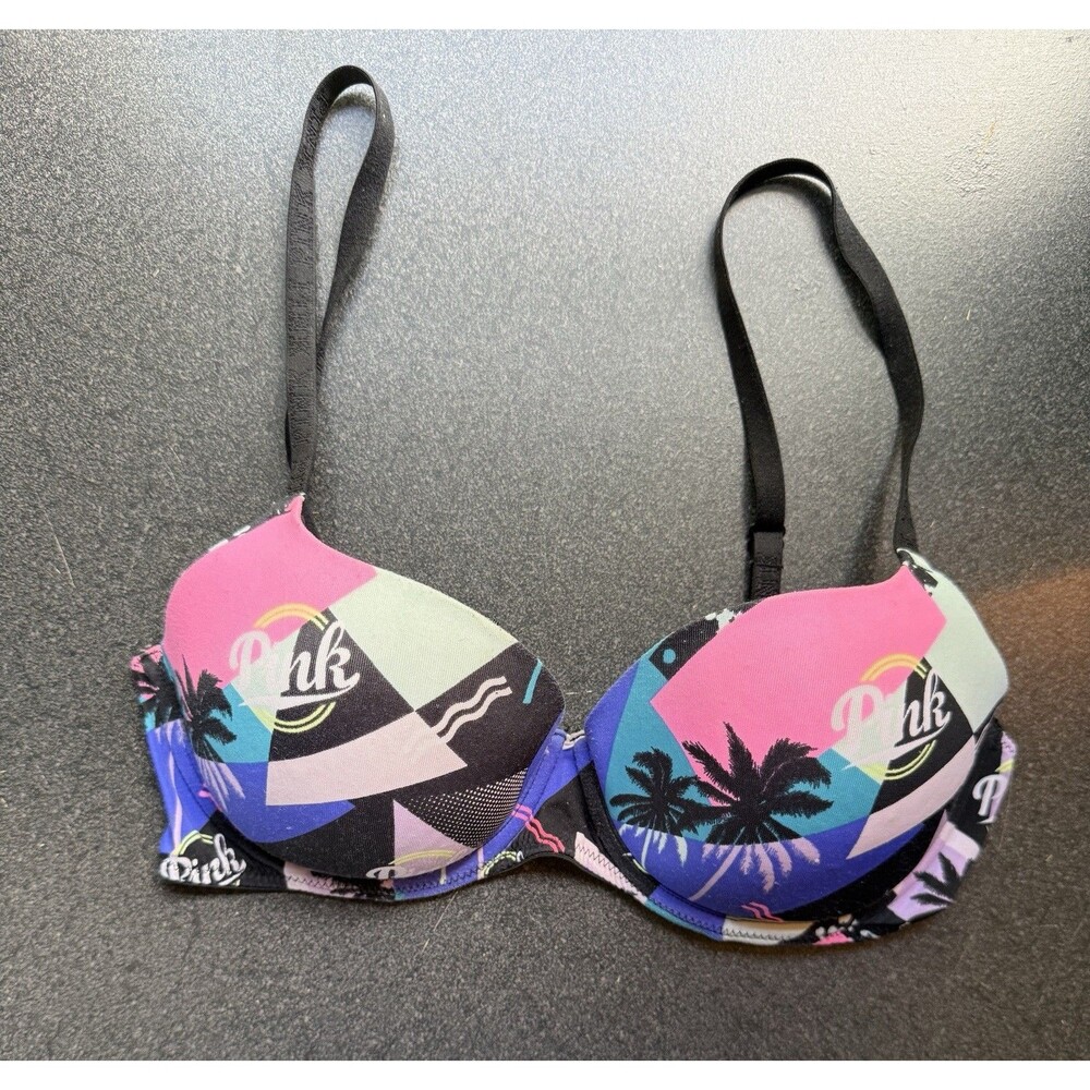 Victoria's Secret PINK Wear Everywhere Bra 34C Retro 90’s Cali Palm Tree Print